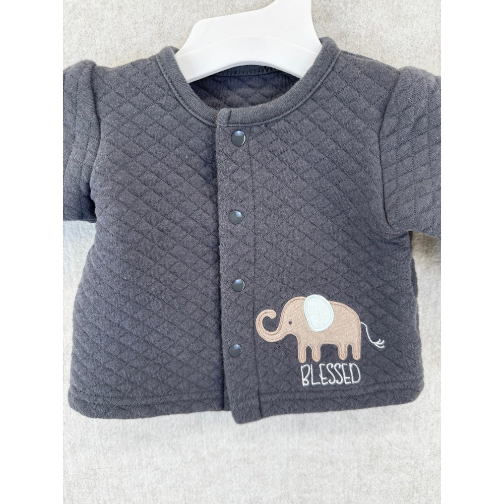 Le Top Bebe Kids Gray Quilted Elephant Blessed Snap Front Cardigan 0-3M